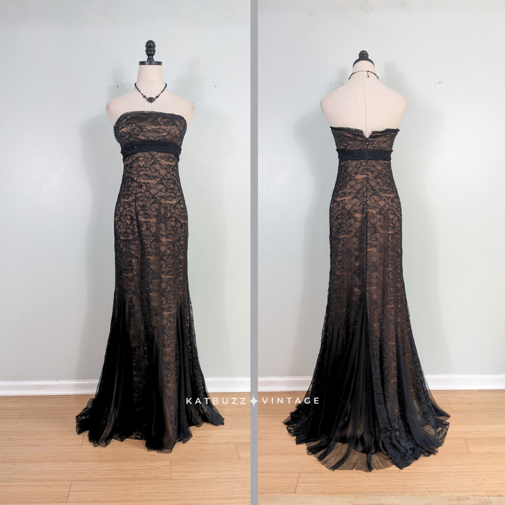 Vintage Badgley Mischka Prom Dress Maxi Gown 2 Black Lace Strapless Guest Glam - Picture 1 of 15